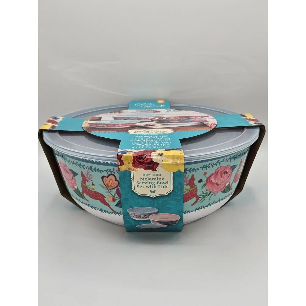 The Pioneer Woman 6 Piece Festive Forest Melamine Serving Bowl with Lids Set NWT